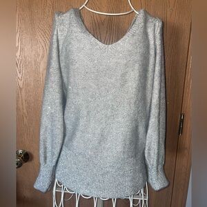 White House Black Market Gray/Silver Sequin Knit V-Neck Long Sleeve Sweater